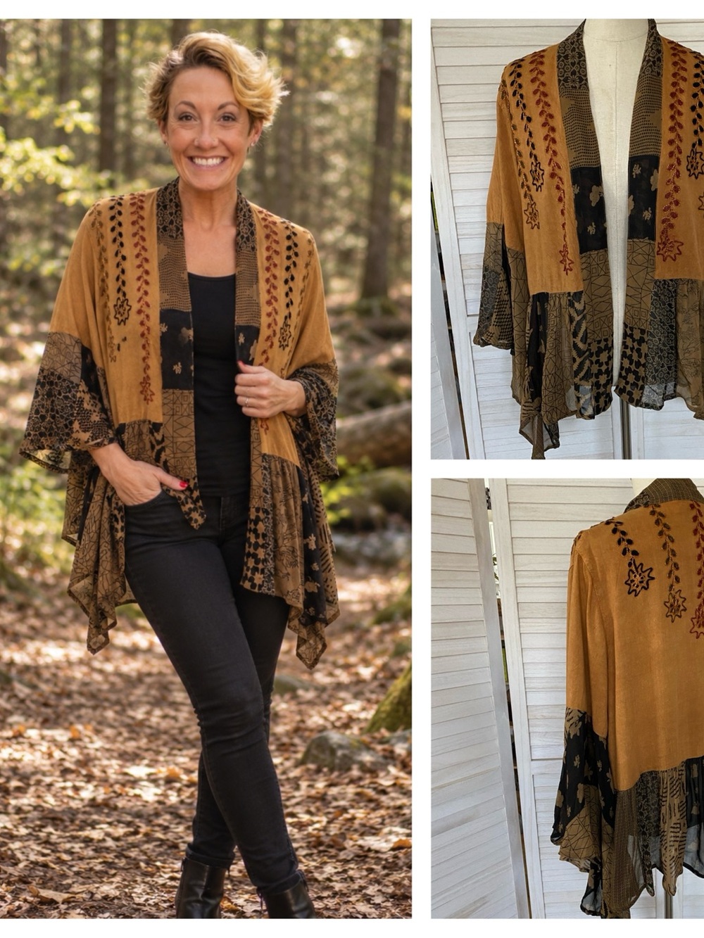 Young Threads Embroidered Patchwork Open-Front Cardigan SZ L NWT
